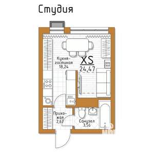 1-к квартира, строящийся дом, 24м2, 4/5 этаж