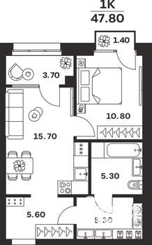 1-к квартира, строящийся дом, 48м2, 10/24 этаж
