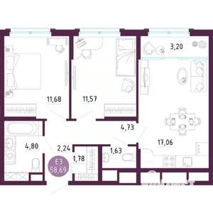 2-к квартира, вторичка, 59м2, 8/10 этаж