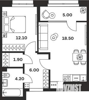 1-к квартира, строящийся дом, 48м2, 2/24 этаж