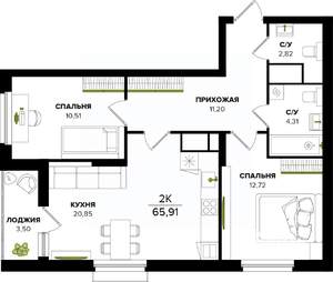 2-к квартира, вторичка, 66м2, 16/25 этаж
