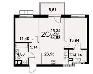 2-к квартира, строящийся дом, 63м2, 1/11 этаж