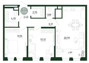2-к квартира, строящийся дом, 66м2, 3/25 этаж