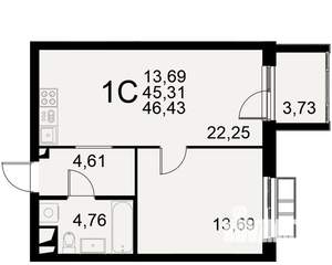 1-к квартира, строящийся дом, 45м2, 11/11 этаж