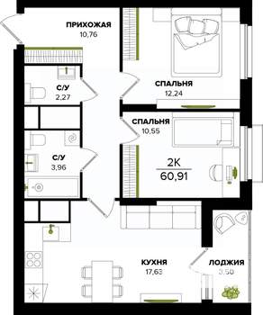 2-к квартира, строящийся дом, 61м2, 22/25 этаж