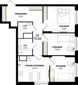 3-к квартира, вторичка, 71м2, 22/25 этаж