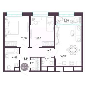 2-к квартира, вторичка, 59м2, 3/10 этаж