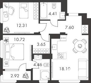 2-к квартира, вторичка, 64м2, 9/9 этаж