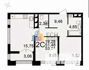 2-к квартира, вторичка, 53м2, 7/19 этаж