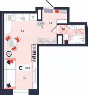 Студия квартира, строящийся дом, 30м2, 12/14 этаж