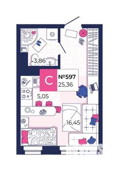 Студия квартира, вторичка, 25м2, 20/25 этаж