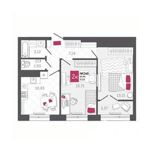 2-к квартира, вторичка, 52м2, 22/22 этаж