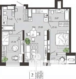 2-к квартира, вторичка, 68м2, 17/21 этаж