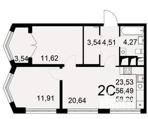 2-к квартира, строящийся дом, 56м2, 13/25 этаж