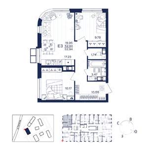 2-к квартира, строящийся дом, 53м2, 12/15 этаж