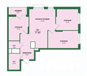3-к квартира, строящийся дом, 77м2, 20/25 этаж