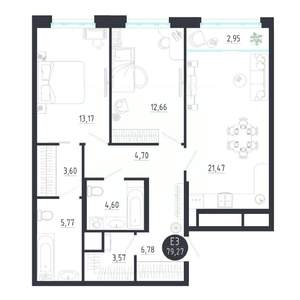 2-к квартира, строящийся дом, 79м2, 2/8 этаж