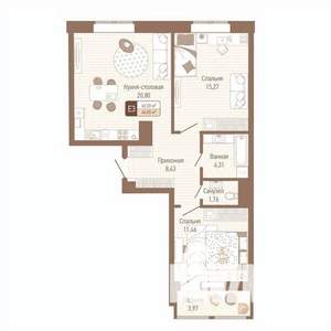 2-к квартира, строящийся дом, 64м2, 2/14 этаж