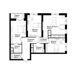 3-к квартира, строящийся дом, 93м2, 25/25 этаж