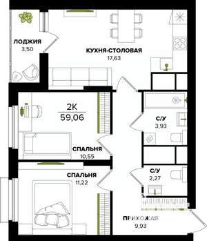 2-к квартира, вторичка, 59м2, 23/25 этаж