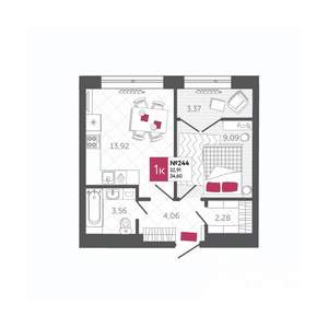 1-к квартира, вторичка, 35м2, 1/22 этаж