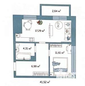 1-к квартира, вторичка, 40м2, 6/9 этаж