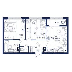 2-к квартира, строящийся дом, 56м2, 6/15 этаж