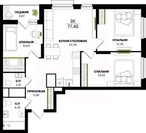 3-к квартира, вторичка, 77м2, 15/25 этаж