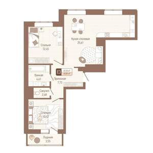 2-к квартира, вторичка, 64м2, 6/14 этаж