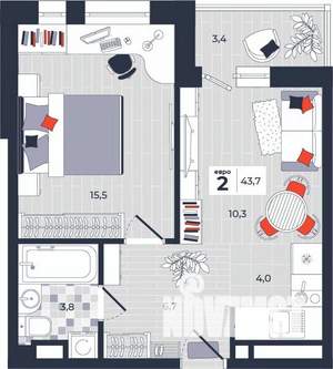 2-к квартира, строящийся дом, 44м2, 3/14 этаж