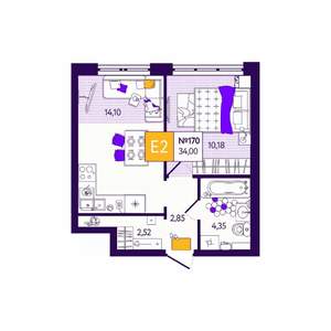 1-к квартира, вторичка, 34м2, 1/12 этаж