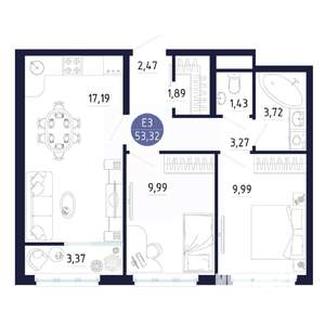 2-к квартира, строящийся дом, 53м2, 2/25 этаж