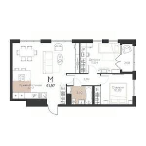 2-к квартира, строящийся дом, 62м2, 3/5 этаж