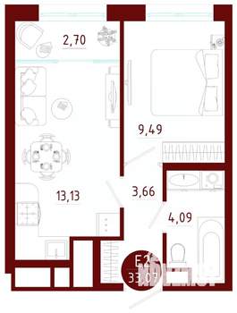 1-к квартира, вторичка, 33м2, 6/10 этаж