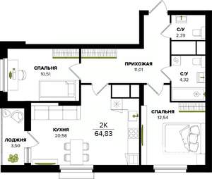 2-к квартира, вторичка, 65м2, 3/25 этаж