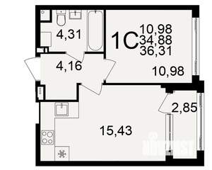 1-к квартира, строящийся дом, 35м2, 2/20 этаж