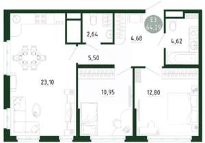 2-к квартира, строящийся дом, 64м2, 16/25 этаж
