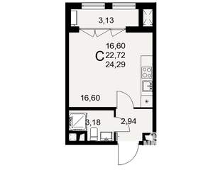 1-к квартира, строящийся дом, 24м2, 4/16 этаж