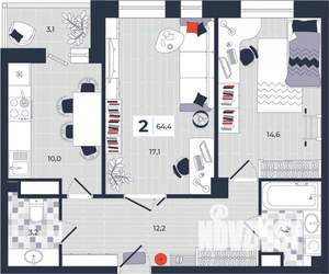 2-к квартира, строящийся дом, 64м2, 3/14 этаж
