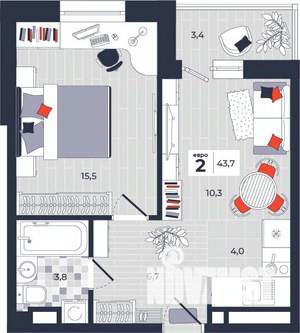 2-к квартира, строящийся дом, 44м2, 9/14 этаж