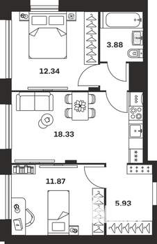 2-к квартира, вторичка, 52м2, 7/15 этаж