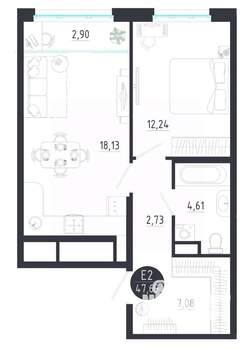 1-к квартира, строящийся дом, 48м2, 8/8 этаж