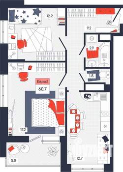 3-к квартира, строящийся дом, 61м2, 6/14 этаж