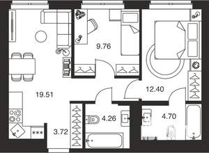 2-к квартира, вторичка, 54м2, 22/25 этаж