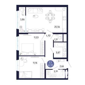 2-к квартира, строящийся дом, 63м2, 13/25 этаж