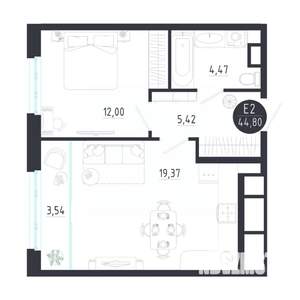 1-к квартира, строящийся дом, 45м2, 4/8 этаж