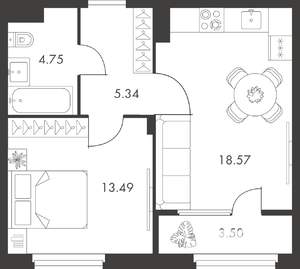 1-к квартира, вторичка, 46м2, 9/9 этаж