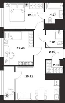2-к квартира, строящийся дом, 63м2, 23/25 этаж