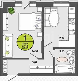 1-к квартира, вторичка, 33м2, 3/3 этаж