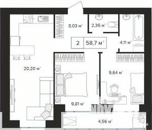 2-к квартира, вторичка, 59м2, 7/10 этаж